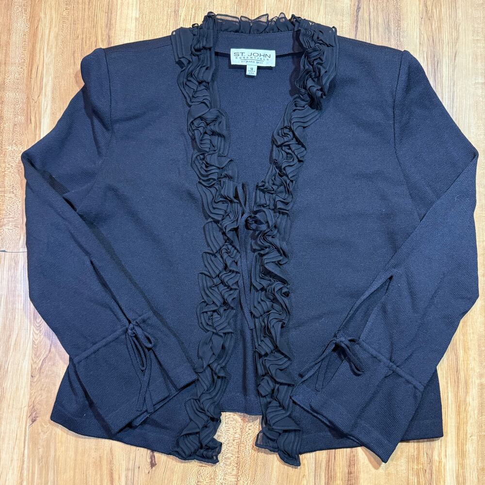 St. John Essentials Marie Gray Santana Ruffled Knit Vintage Black Cardigan 12